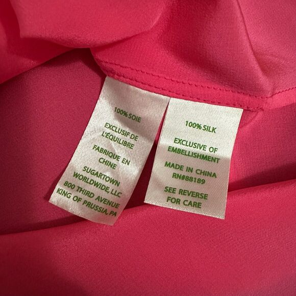 LILLY PULITZER Saria Top Blouse Pink Silk Satin Puff Sleeve Tasseled - Picture 11 of 13